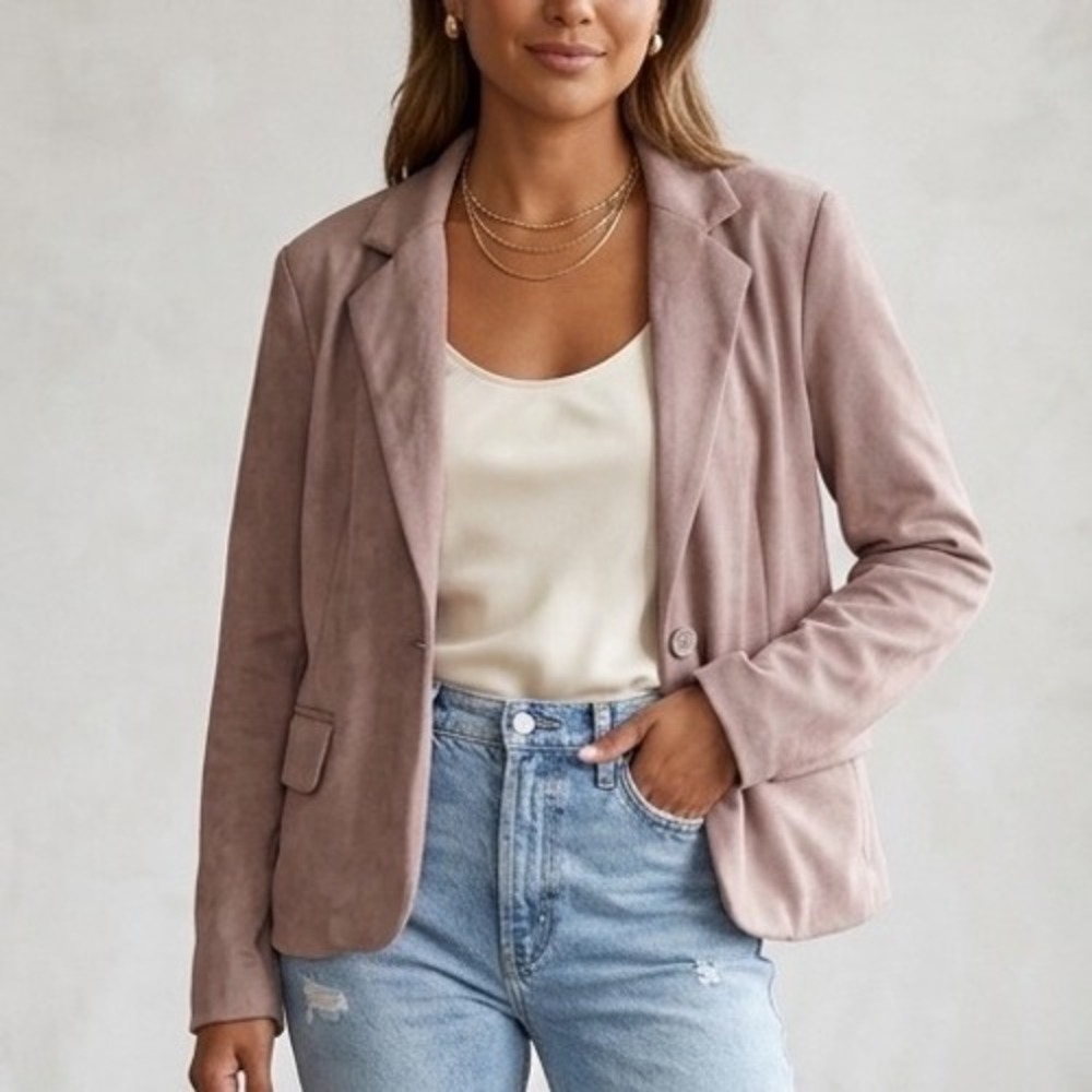 Sincerely Jules Womens Faux Suede Blazer Dusty Rose Mauve Single Button Jacket L
